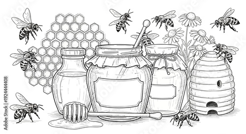 Honey jars with bees and honeycomb illustration depicting the art of apiculture