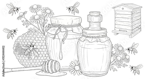 Honey jars with bees and flowers vector illustration design isolated
