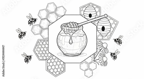 Honey pot with bees and honeycombs illustration in vector style