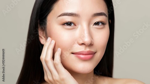 Serene Beauty: A portrait of a woman showcases natural beauty and radiant skin, her gentle touch and serene expression evoke a sense of calm.