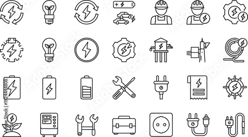 Electricity and renewable energy line icon set featuring editable outline symbols for battery, electric car, power plug, engineer, tools, lightning bolt, and green energy