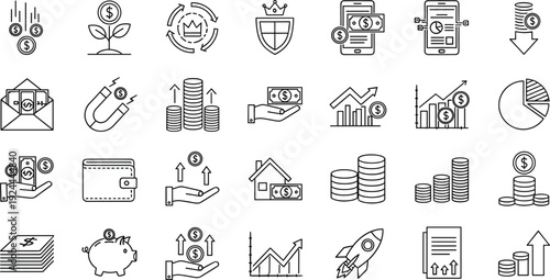 Finance and investment line icon set featuring editable outline symbols for money growth, banking, savings, profit charts, digital payment, wealth management, and business analytics