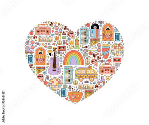 Groovy retro music heart shape forms colorful y2k festival symbol. Rainbow, cassette, guitar, and boombox create a vibrant background graphic for pop and cool celebration or party setting.