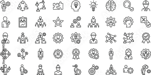 Human resources and team management line icon set featuring editable outline symbols for leadership, recruitment, employee skills, collaboration, performance review, and organizational structure