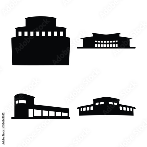 Collection of diverse architectural building silhouettes illustrating various public and commercial structures