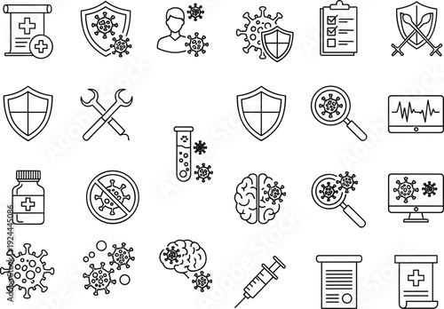 Medical protection and virus prevention line icon set featuring editable outline symbols for immunity, vaccination, healthcare shield, laboratory test, brain infection, and safety checklist