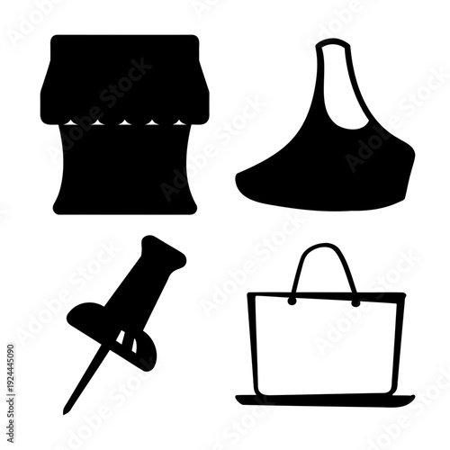 Collection of everyday items: bottle cap, bra, pushpin, and shopping bag icons