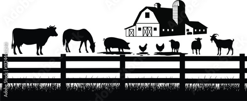 Farm scene with animals and fence
