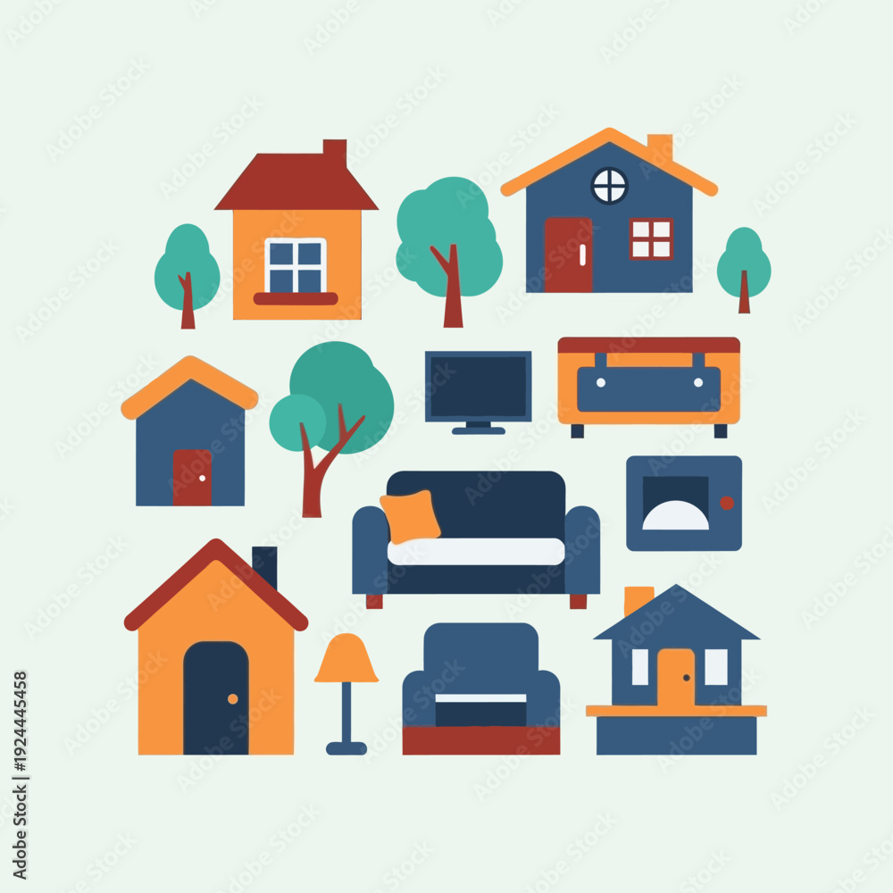 Fototapeta premium Simple cartoon houses and furniture icons.