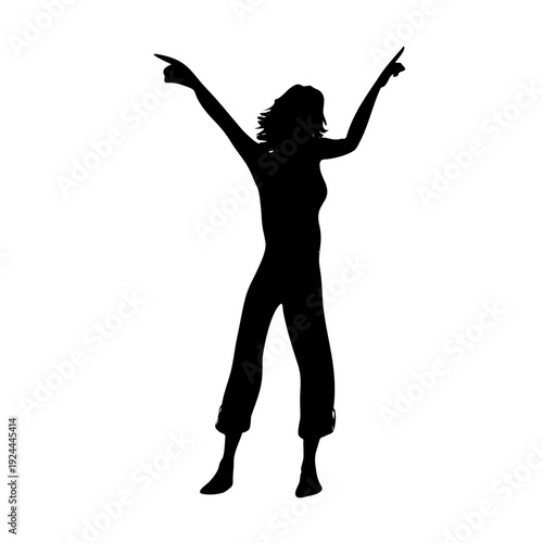 Black silhouette illustration of a beautiful lady dancer performing a full length fashion dance move as a vector figure isolated on white