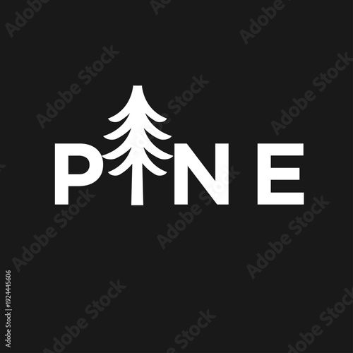 Pine Tree Wordmark Logo Design with Stylized Evergreen Tree as Letter I on Black Background