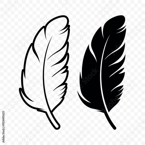 Vector Black and White Silhouette Fluffy Feather Icon. Silhouette Feather Closeup, Isolated. Flamingo, Angel, Bird Feather Design Template. Lightness and Freedom Concept