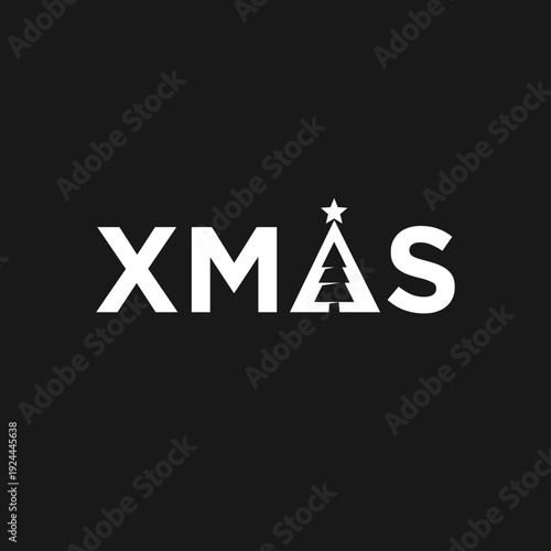 Minimalist XMAS Lettering with Christmas Tree A and Star on Black Background