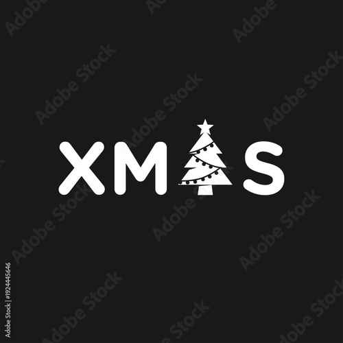 XMAS Text with Christmas Tree Icon and Lights on Black Background