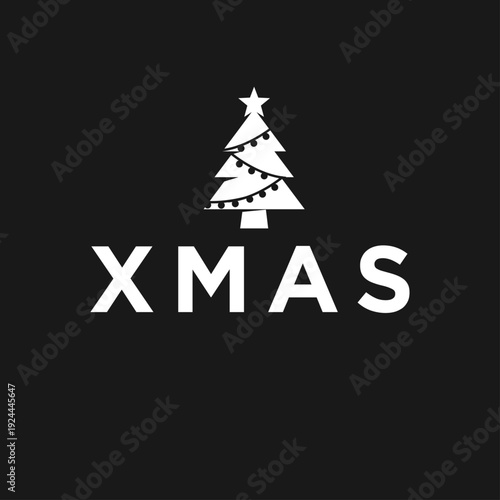 XMAS Text with Minimalist Christmas Tree Icon and Lights on Black Background
