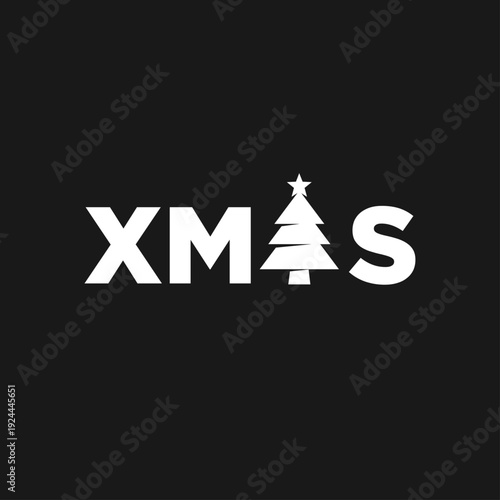 XMAS Text with Stylized Christmas Tree and Star Graphic Design on Black Background