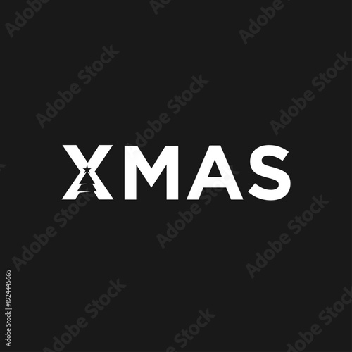 Minimalist XMAS Text Logo with Stylized Christmas Tree and Star on Black Background