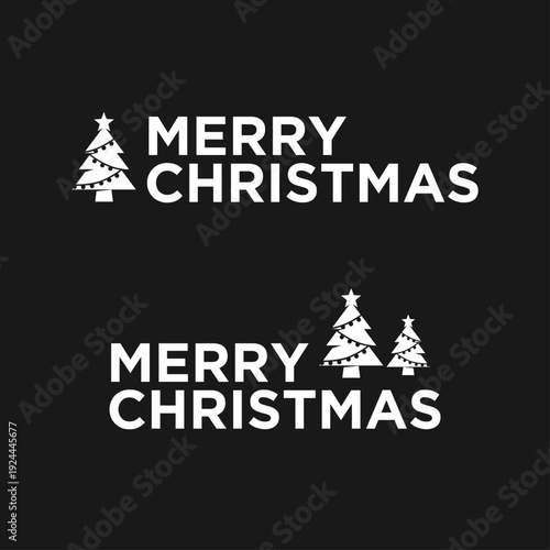 Merry Christmas Holiday Greeting Text with Decorated Christmas Trees on Black Background