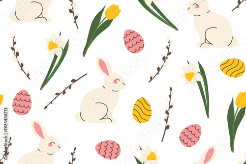 seamless easter pattern with rabbits, eggs, catkins, daffodils and tulips - vector illustration