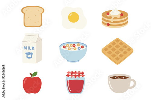 Healthy breakfast set with milk, cereal, pancakes, waffles, toast, egg, apple, jam, and hot coffee vector illustration
