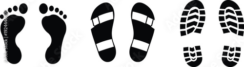 Black footprints sandal prints and boot prints on white background sandals