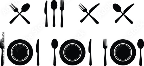 Black silhouettes of cutlery and plates arranged in rows fork spoon knife