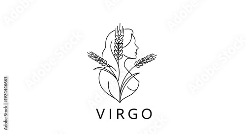 Minimalist Line Art Virgo Zodiac Sign with Female Profile and Wheat Ears, Isolated White Background, Astrology and Horoscope Concept