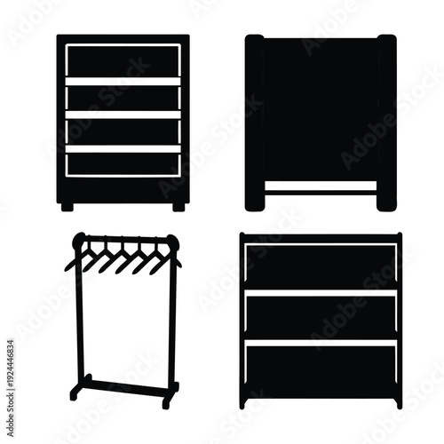 Minimalist black furniture silhouettes: chest of drawers, clothing rack, and shelving unit icons