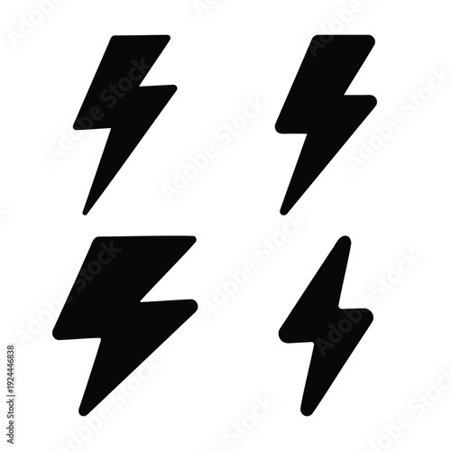 Four distinct simple black lightning bolt icons set on a pristine white background