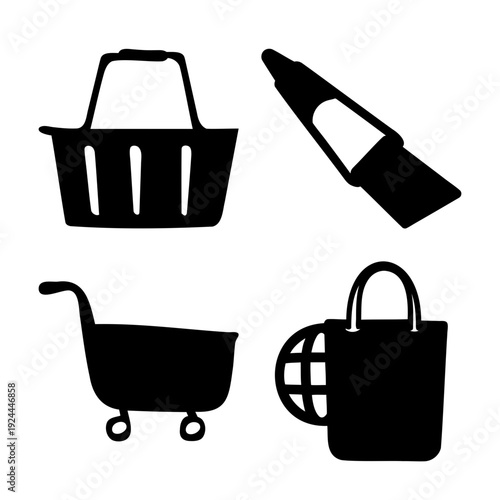 Set of various shopping related icons including basket, cart, and bag with a utility knife
