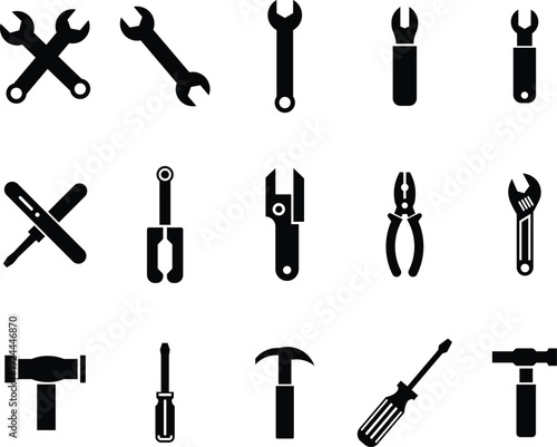 Collection of black silhouette of various hand tools on white background wrench spanner pliers screwdriver