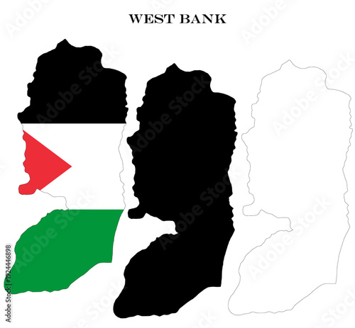 West Bank Map Bundle with National Flag, Black Silhouette and Detailed Outline Contours