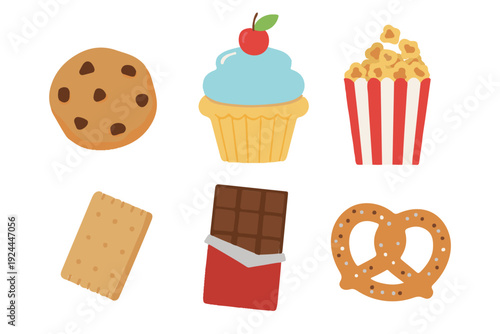 Yummy snack collection with chocolate chip cookie, cupcake, popcorn, biscuit, chocolate bar, and pretzel vector illustration