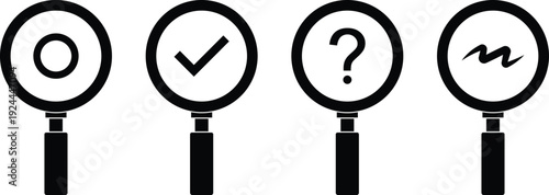Four black magnifying glasses with different symbols inside search research checkmark