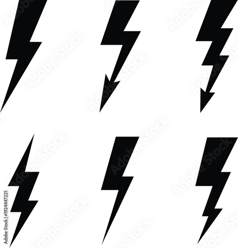 Six black lightning bolt on a white background thunderbolt electricity power energy