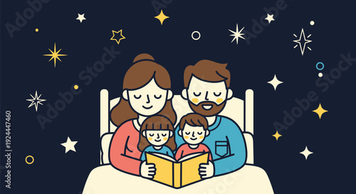 Family bedtime story under a starry night sky.