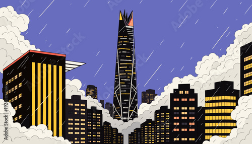 Modern Skyscraper Ascending Through Stormy Clouds Above Dense Metropolitan Cityscape Buildings at Night seoul skyline vector