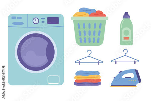 Laundry room and washing service equipment set with washing machine, laundry basket, detergent, hangers, folded clothes, and electric iron