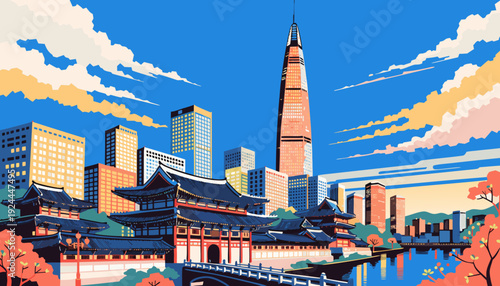 Modern Asian Cityscape Blends Traditional Architecture With Tall Skyscrapers Under Bright Blue Sky seoul skyline vector