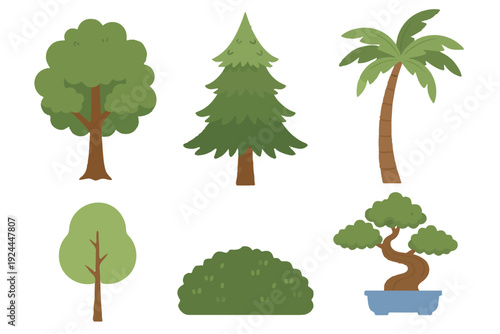 Various tree species and garden plants set featuring oak, pine, palm, bush, and bonsai tree vector illustration in flat style
