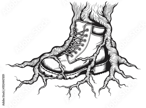 Wallpaper Mural Illustration of roots growing from the ground into a shoe, symbolizing connection to nature, viewed from the side in a detailed drawing Torontodigital.ca