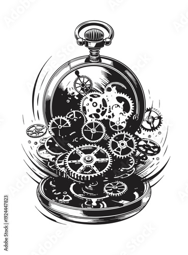 Wallpaper Mural Intricate clockwork mechanism emerging from a pocket watch, showcasing gears and cogs in a dynamic illustration Torontodigital.ca