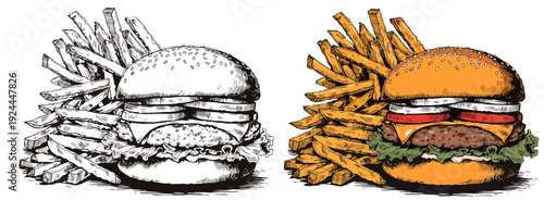 Wallpaper Mural A detailed illustration of a hamburger and fries shown in contrasting black and white and vibrant colors Torontodigital.ca