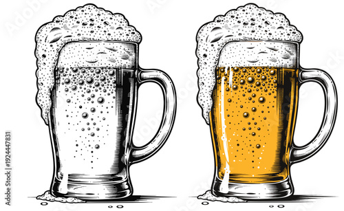 Wallpaper Mural Two mugs of beer with frothy heads, one golden and one clear, illustrated in a simple line art style Torontodigital.ca