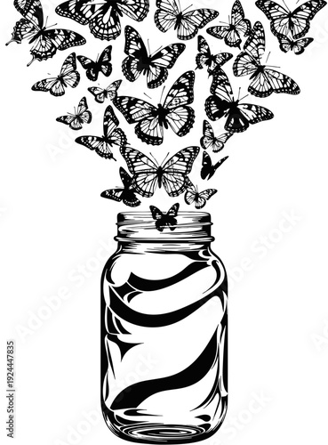 Wallpaper Mural Butterflies emerging from a glass jar in a captivating black and white illustration Torontodigital.ca
