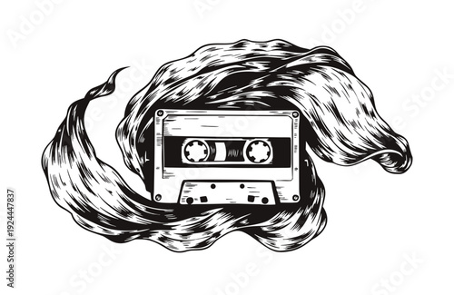 Wallpaper Mural A compact cassette tape surrounded by swirling smoke, illustration, central view Torontodigital.ca