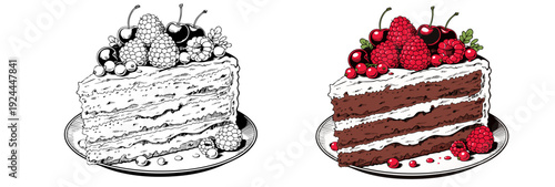 Wallpaper Mural A black and white illustration and a colorful image of layered cakes with berries on top, displayed side by side on plates Torontodigital.ca