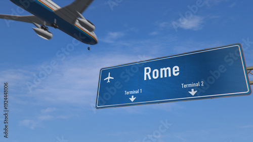 Canvas Print Airplane landing and arrive in Rome Italy