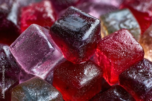 Glossy Fruit Jelly Cubes Arranged in a Colorful Mix on a Surface, Showcasing Different Shapes and Hues of Gelatinous Sweets Generative AI