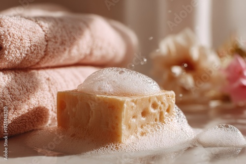 Biodegradable Soap Foaming on a Surface Surrounded by Towels and Flowers in a Sunny Room Generative AI
